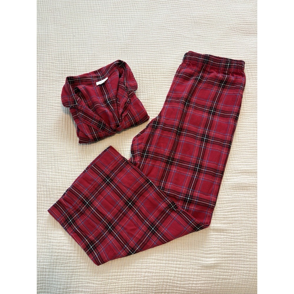 J Jill Sleep Pajamas Set Womens Large Red Plaid Flannel 2 Piece Shirt Pants PJs
